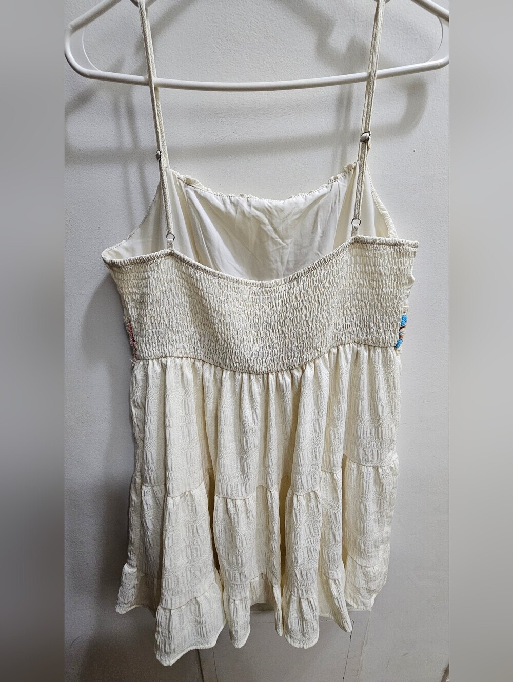 Beautiful Cream Spaghetti-Strap Tiered Dress with Multicolor Embroidered Waist - Picture 6 of 7